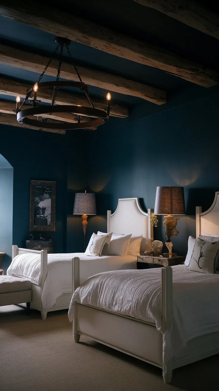 With its moody glam vibe, this rustic romantic bedroom showcases white bedding, wrought iron accents, and personal touches that enhance its intimate atmosphere.