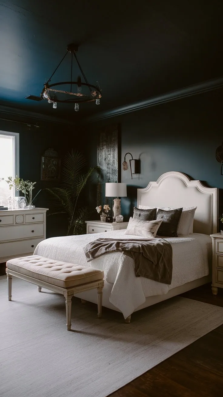 With its king-sized bed, white dresser, and lush plants, this moody glam bedroom combines rustic charm and romantic elegance for an enchanting retreat.