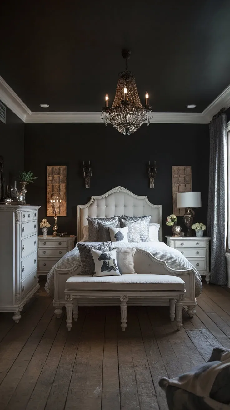 With its dark walls, white headboard, and elegant chandelier, this moody glam bedroom captures the essence of rustic romantic bedroom ideas for couples.