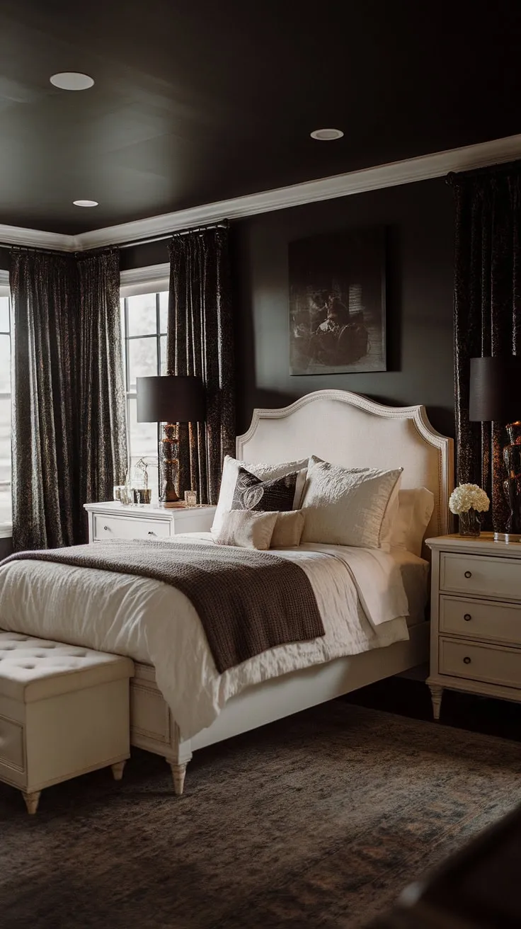 This moody romantic bedroom features white furniture, a dark ceiling, and rustic decor, creating a perfect dark romance room aesthetic for married couples.