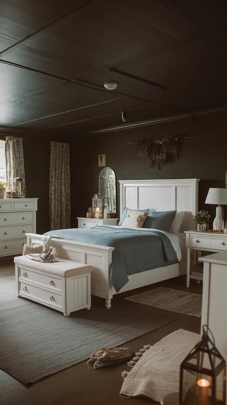This moody romantic bedroom features white furniture against a dark ceiling, blending rustic charm with dark romance aesthetics for a cozy couple's retreat.
