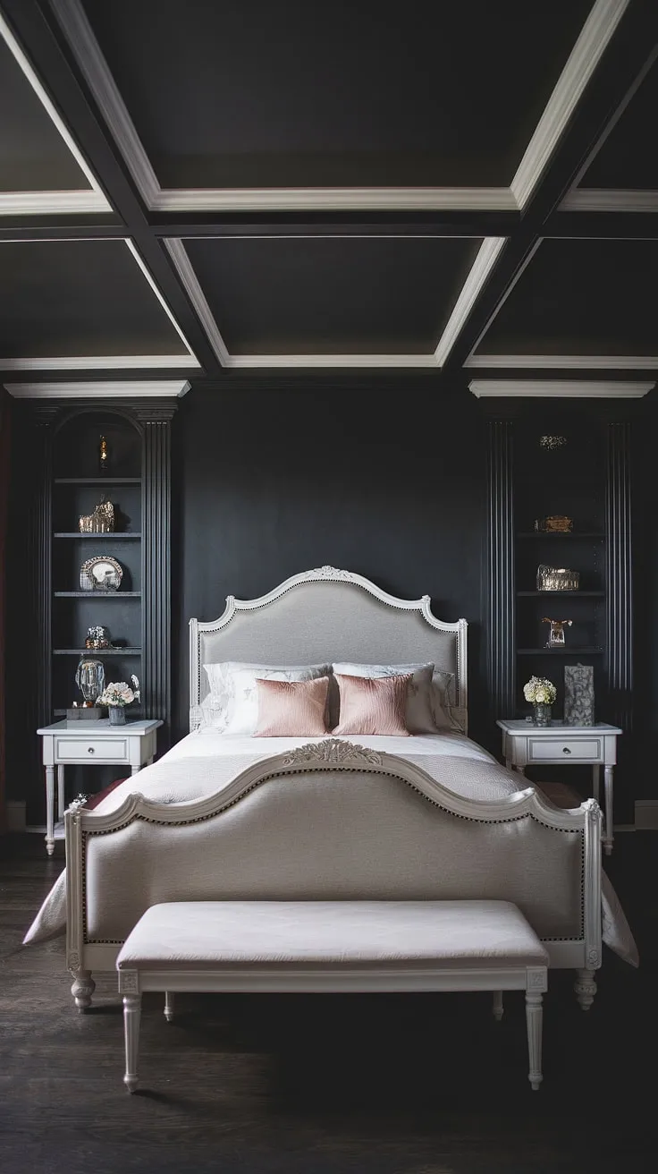 The dark romance room aesthetic is enhanced by white furniture and a cozy queen-size bed, creating a perfect retreat for married couples.