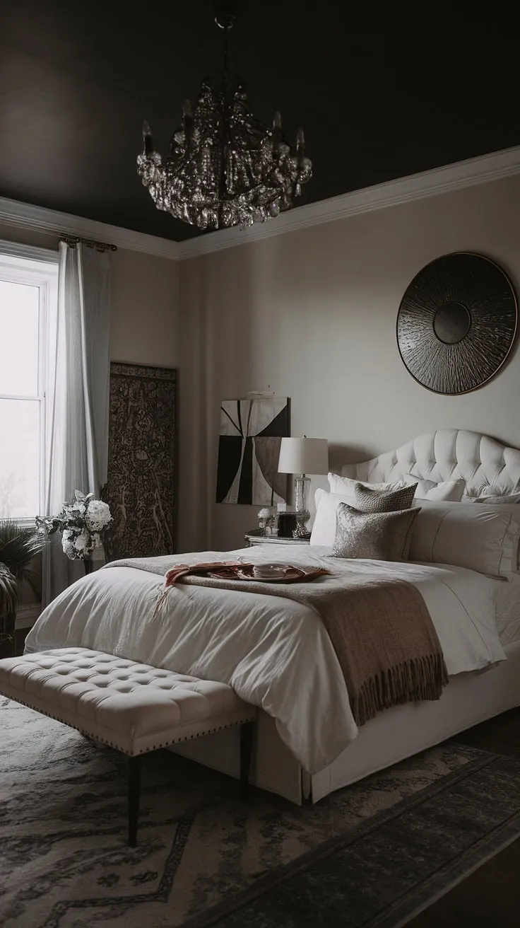 A captivating moody romantic bedroom features white furniture against a dark ceiling, blending rustic charm with a moody glam aesthetic perfect for married couples.