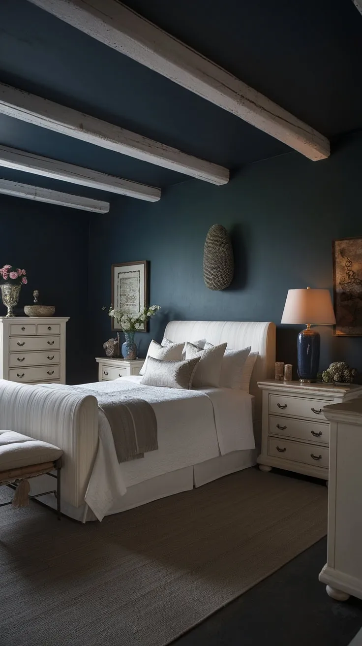 This moody romantic bedroom, adorned with white furniture and a dark ceiling, blends rustic charm with a dark romance aesthetic, perfect for married couples seeking cozy elegance.