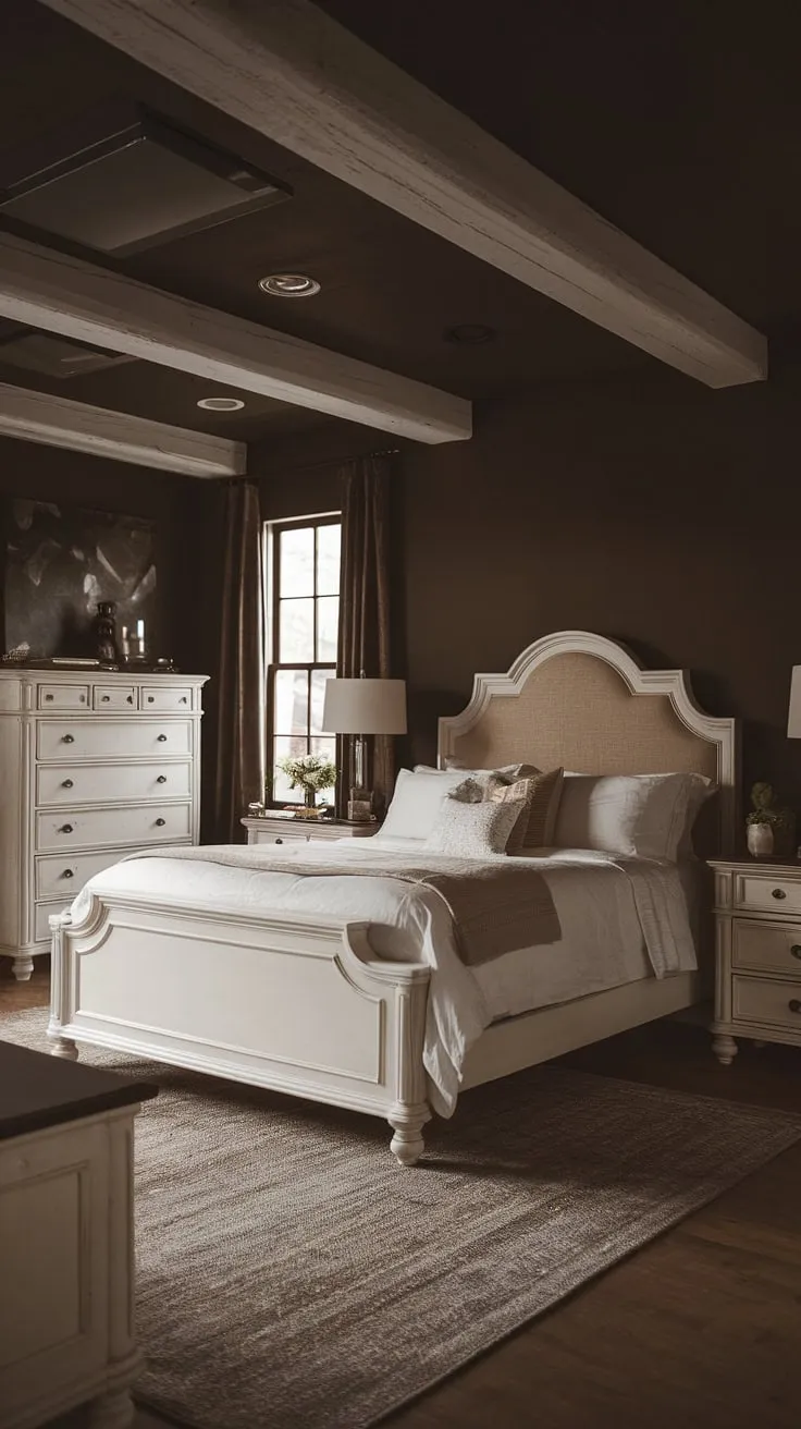 With its soft lighting and wooden elements, this moody glam bedroom showcases a queen-size bed and stylish decor, creating an inviting atmosphere for romance.