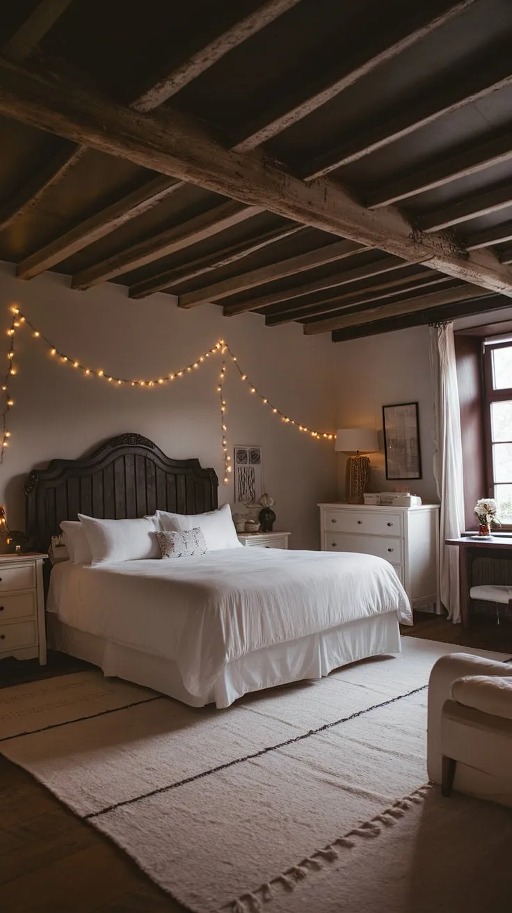 This moody romantic bedroom features white furniture against a dark ceiling, rustic wooden beams, and a cozy king-size bed, creating a perfect dark romance room aesthetic for married couples.