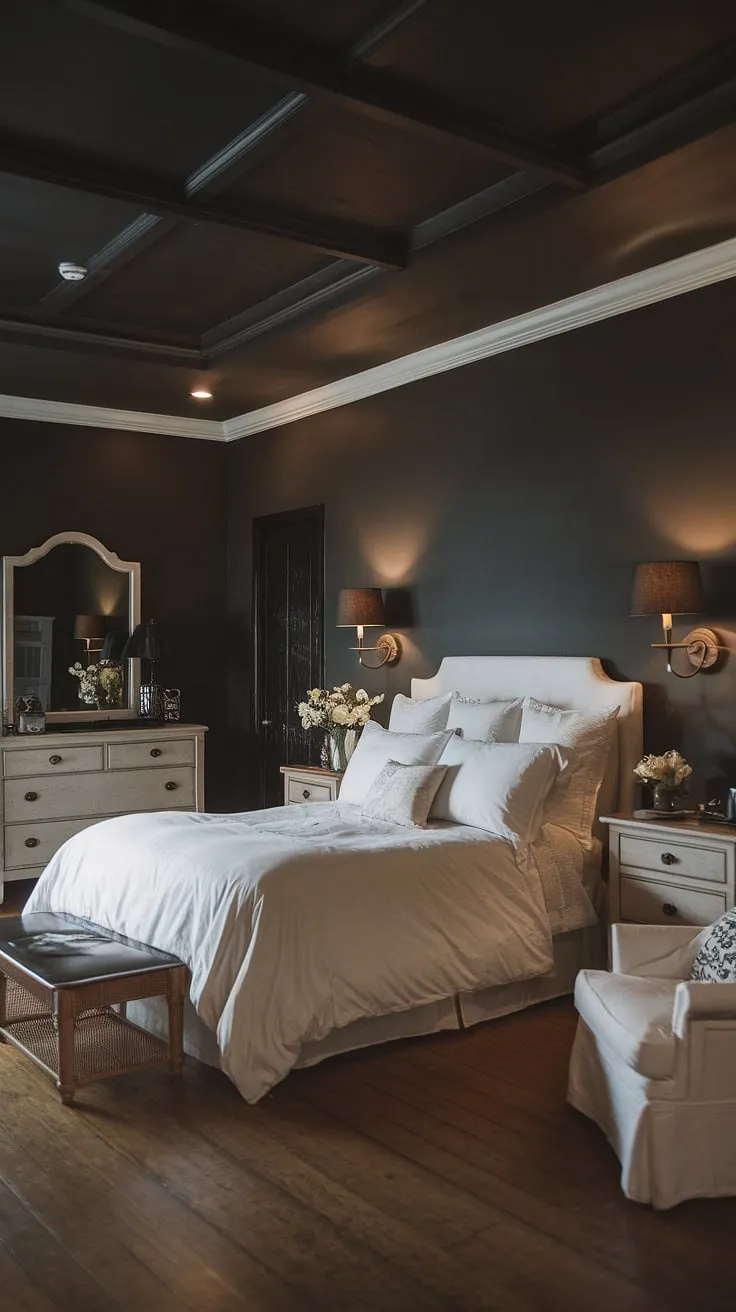 Create a cozy retreat with a moody glam bedroom vibe, combining white furnishings and a dark grey palette for married couple bedroom ideas that exude romance.