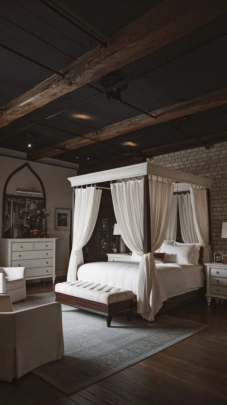 Transform your space into a moody romantic bedroom with white furniture, featuring a dark ceiling, rustic charm, and a dark romance room aesthetic perfect for married couples.