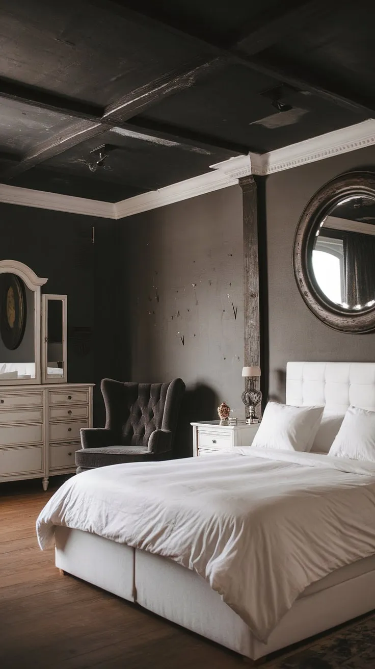 With its king-size white bed, dark gray walls, and soft lighting, this moody glam bedroom exudes a romantic charm ideal for intimate moments.