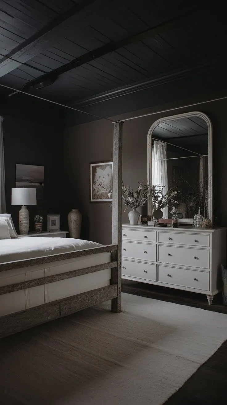 Transform your married couple bedroom ideas into a moody glam retreat with a rustic touch, highlighted by a white rug and a striking mirror above the dresser.