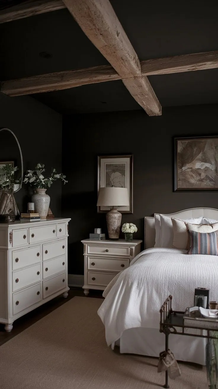 With its dark walls, white furnishings, and rustic elements, this moody glam bedroom creates an enchanting atmosphere ideal for romantic evenings.