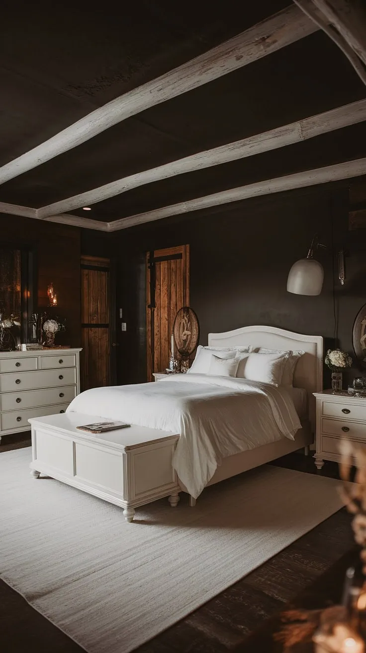 With its dark walls, white bedding, and soft lighting, this moody glam bedroom creates the perfect romantic retreat for married couples seeking rustic inspiration.