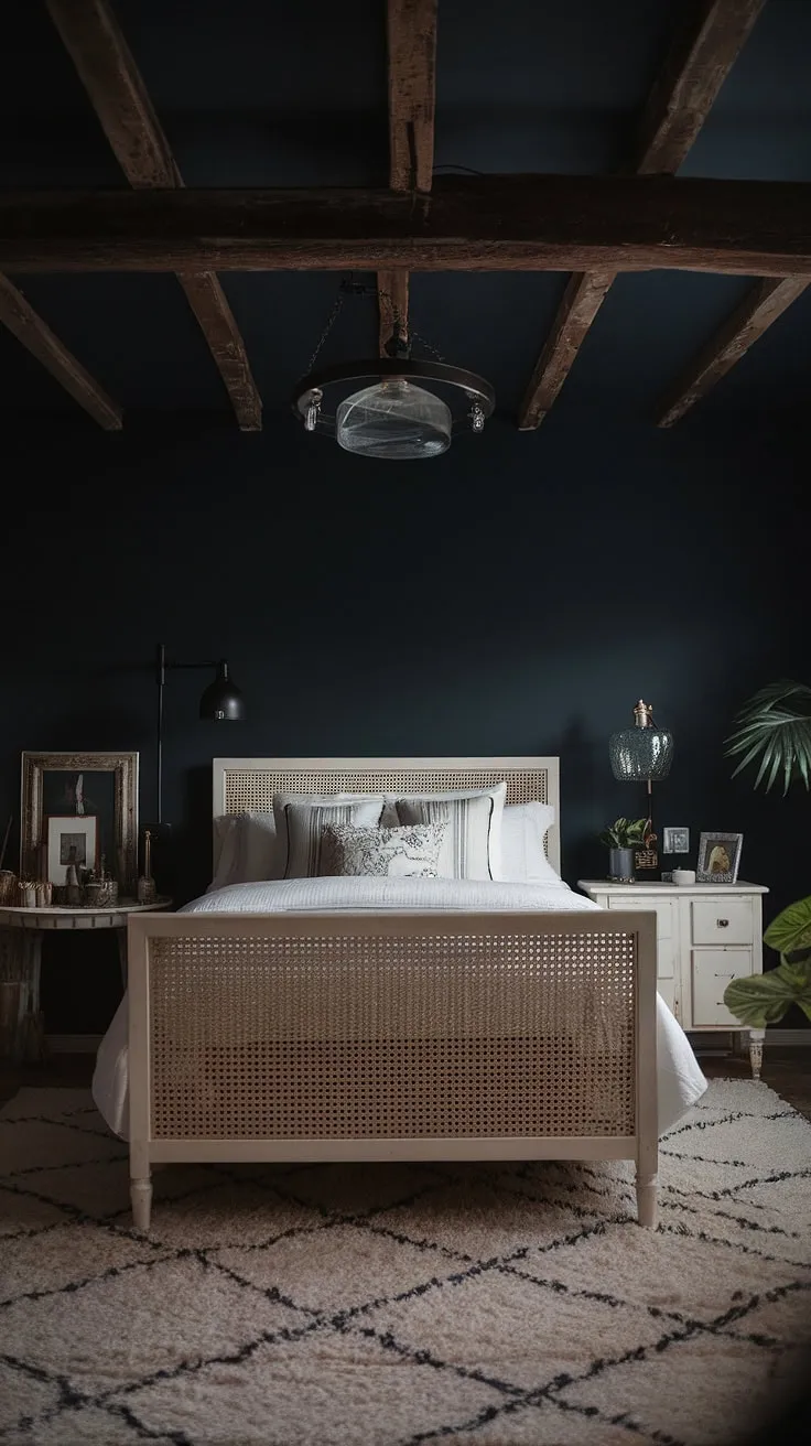 Create a cozy moody glam bedroom featuring a deep navy palette, exposed wood beams, and personal touches that evoke rustic romantic vibes.