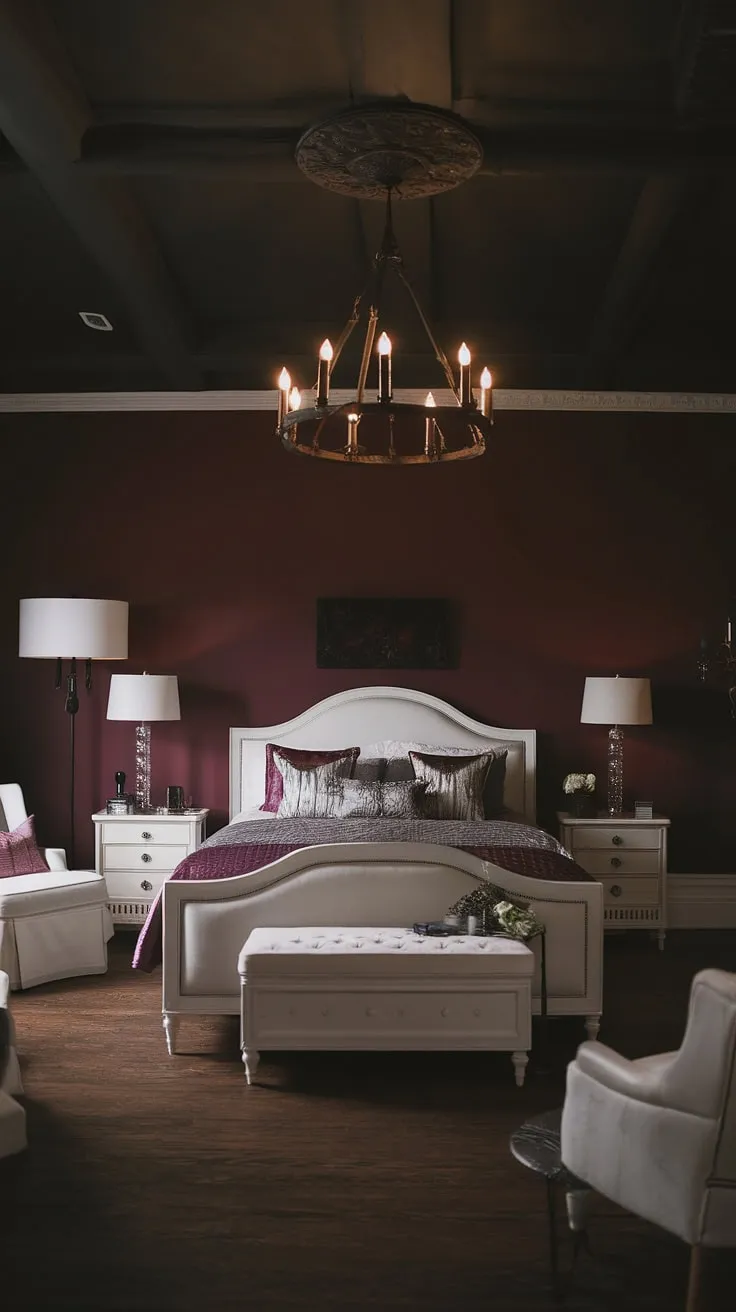 Create a captivating moody glam bedroom with a king-size bed, deep burgundy walls, and rustic elements, perfect for married couples seeking romantic inspiration.