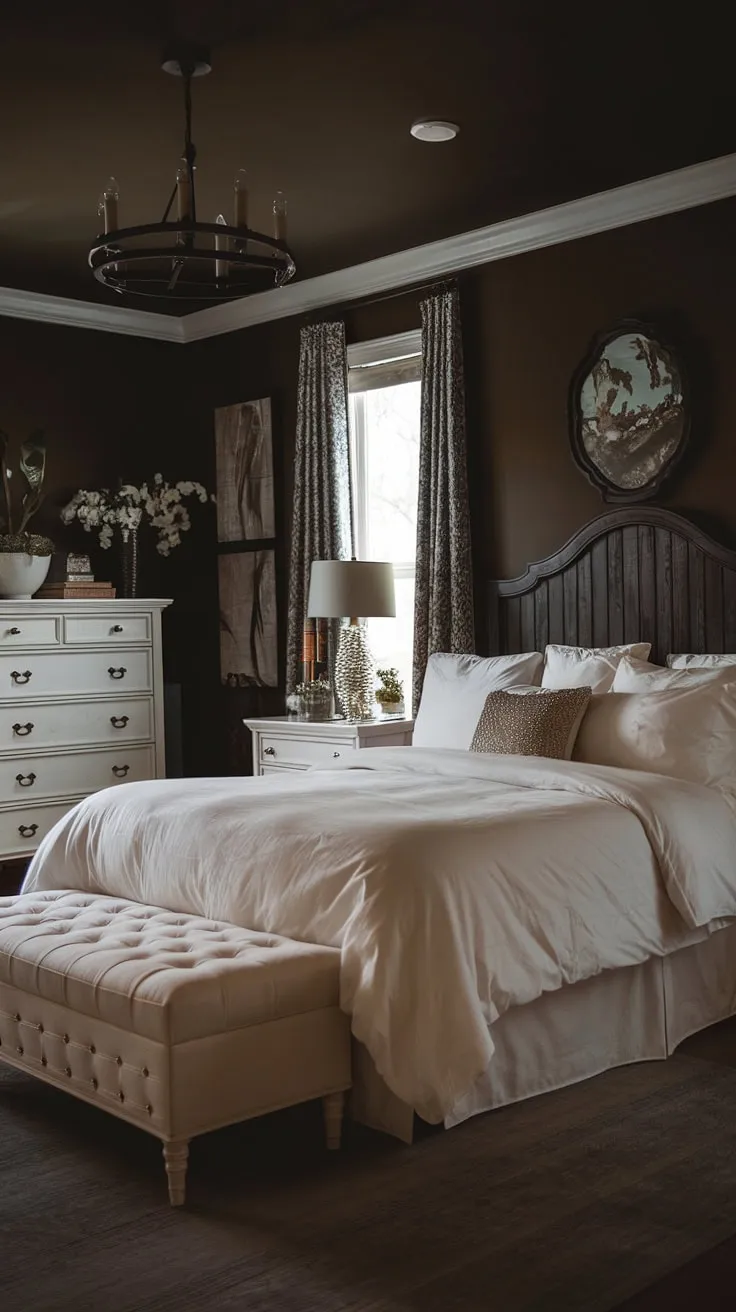 With its king-size bed, white linens, and a striking chandelier, this moody glam bedroom offers married couples a captivating retreat infused with rustic romantic ideas.