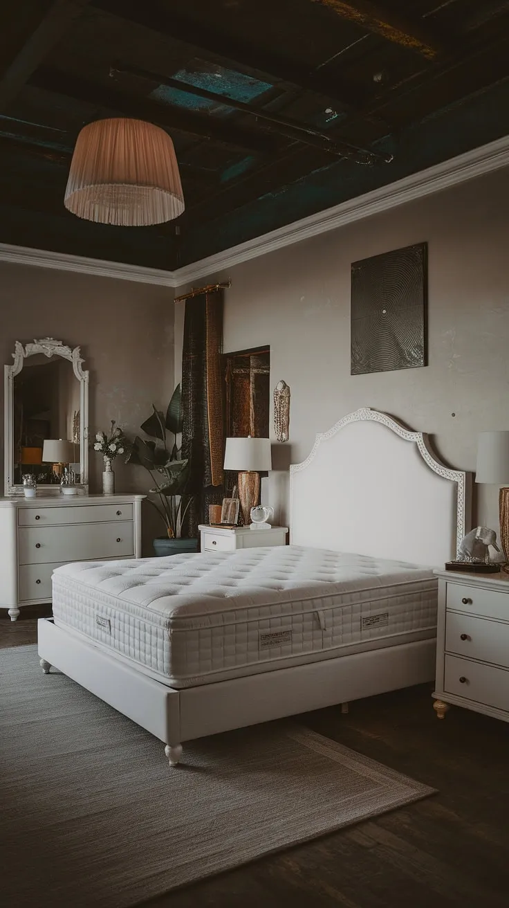 This moody romantic bedroom features white furniture against a dark ceiling, blending rustic charm with a glam aesthetic, perfect for married couples seeking dark romance room ideas.