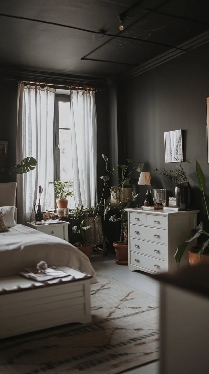 With its moody glam vibe, this rustic romantic bedroom showcases white furniture against dark walls and ceiling, enhanced by personal touches and greenery for a cozy yet stylish retreat.