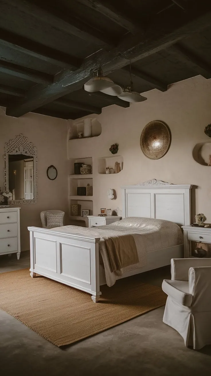 This moody romantic bedroom features white furniture, a dark ceiling, and rustic elements, creating a captivating dark romance room aesthetic perfect for married couples.