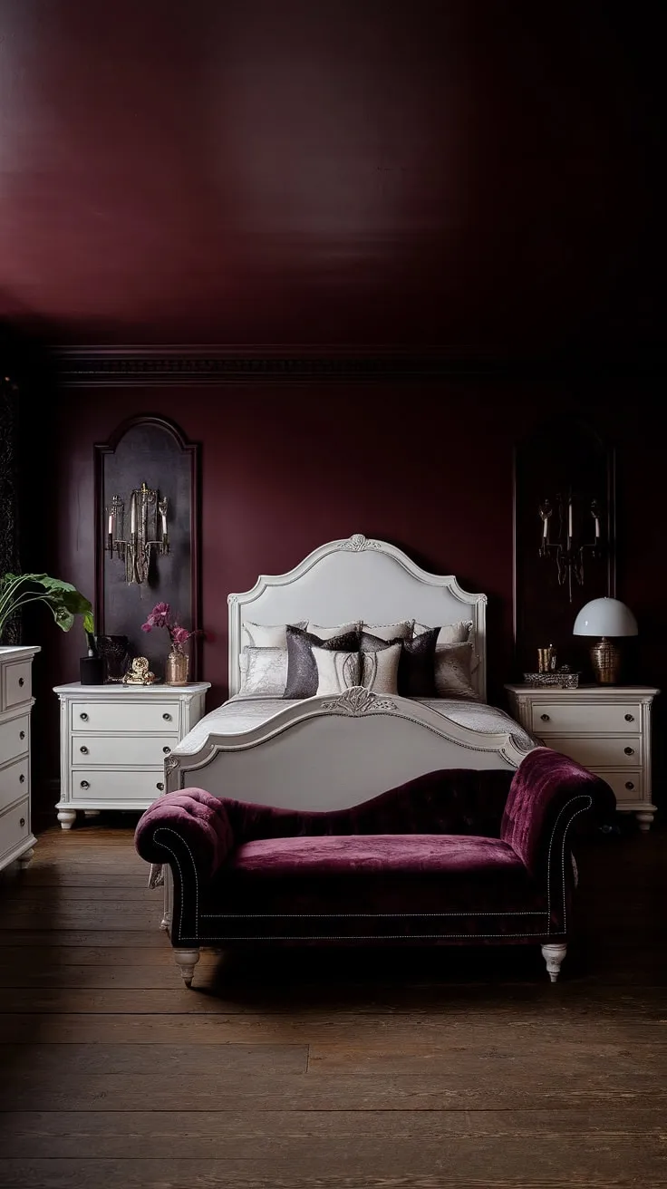 With its deep burgundy walls, dark purple velvet chaise lounge, and elegant white furnishings, this moody glam bedroom exudes a captivating romantic charm.