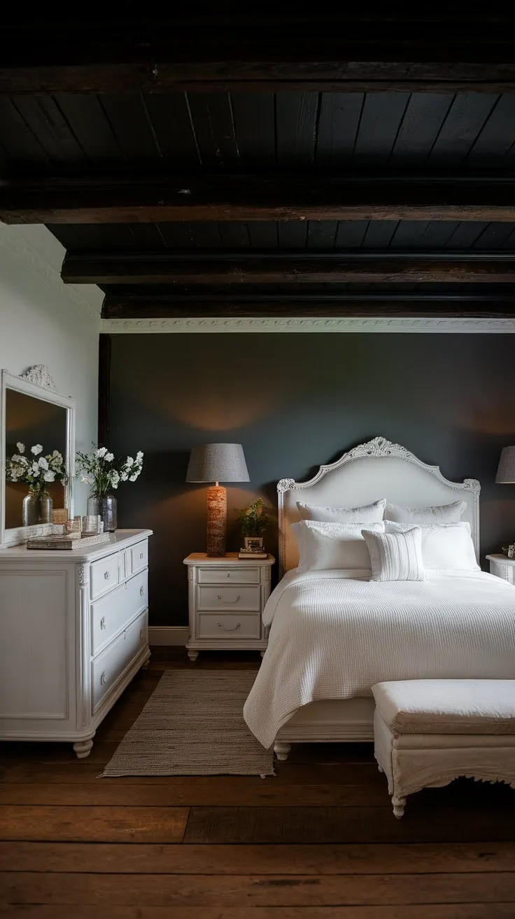 With its moody glam vibe, this rustic romantic bedroom showcases a queen-size bed, gray accent wall, and elegant white furnishings, ideal for a cozy retreat.