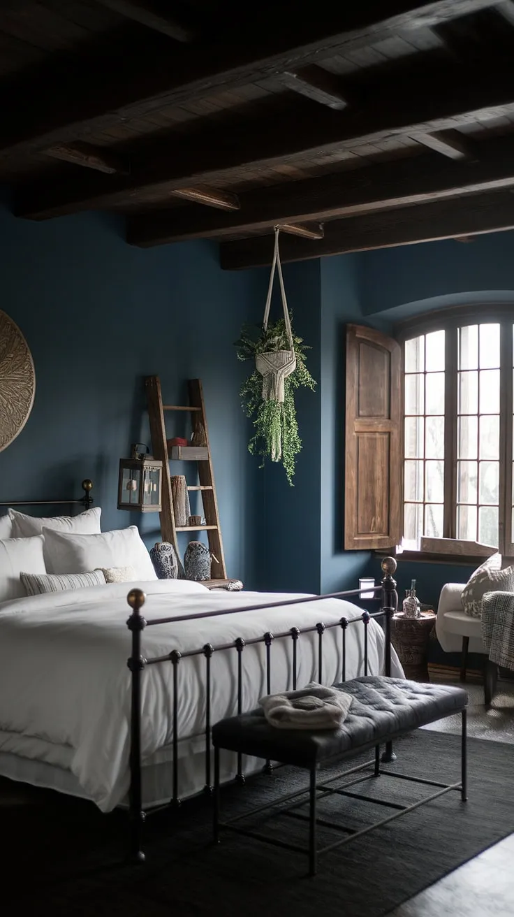 This moody romantic bedroom features white furniture against a dark ceiling, blending rustic charm with glam elements for a captivating dark romance room aesthetic.