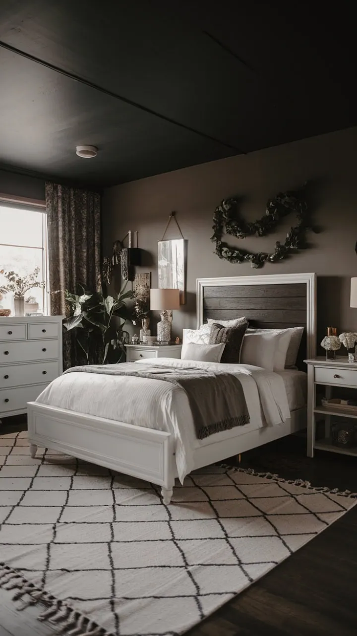 Nestled in a moody sanctuary of rustic charm and modern elegance, this intimate haven invites quiet moments and stolen kisses beneath its dark ceiling and airy white furnishings.