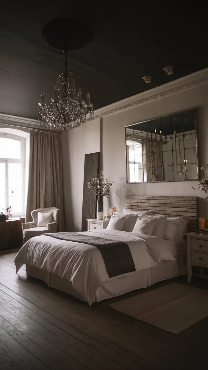 Step into a moody boudoir where soft lighting and rustic charm intertwine, creating an intimate sanctuary of romance and elegance.