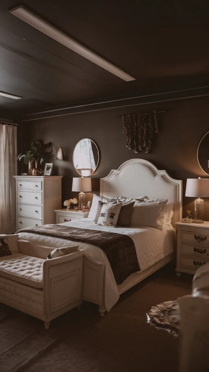 In this enchanting bedroom, dark walls and white furniture intertwine to create a serene sanctuary filled with whispered secrets and unspoken promises.