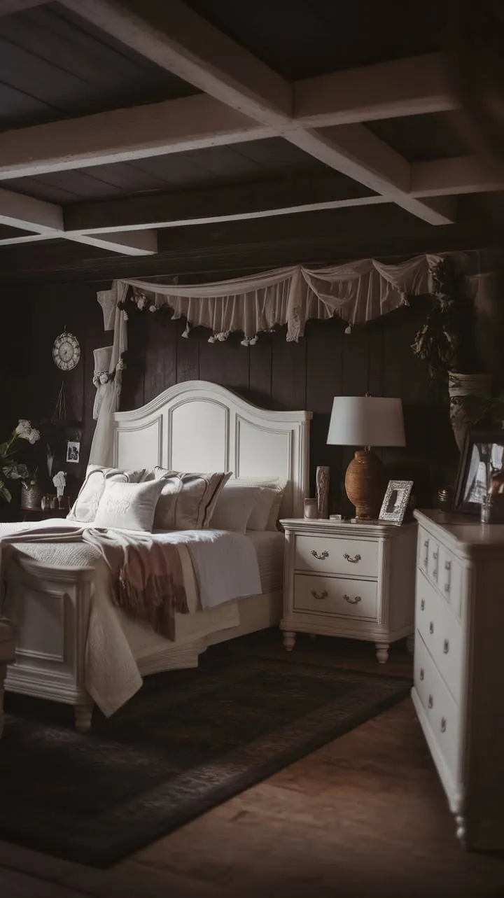 In this rustic haven, where whitewashed furniture and soft lighting weave a tapestry of romance, aged wood beams whisper love stories, creating an enchanting sanctuary of tranquility.