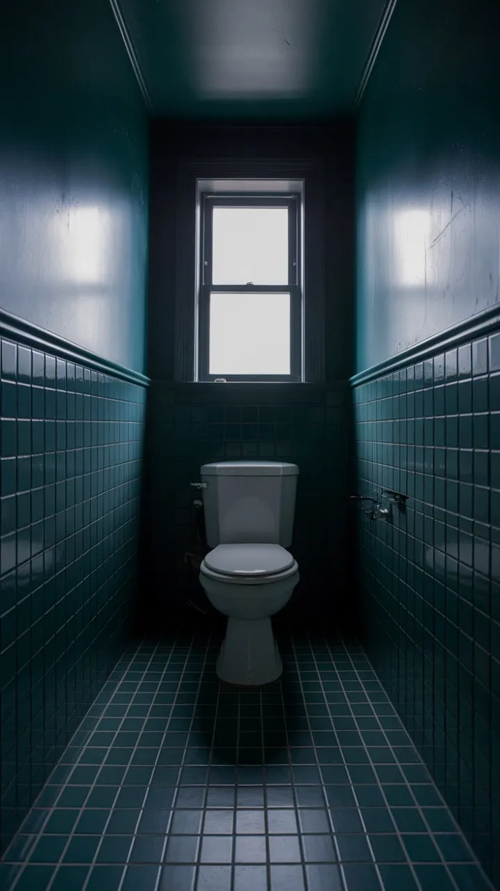 In this tranquil bathroom, dark green walls and a small window create a serene oasis, where whispers of secrets mingle with the striking contrast of white fixtures and tiled floors.