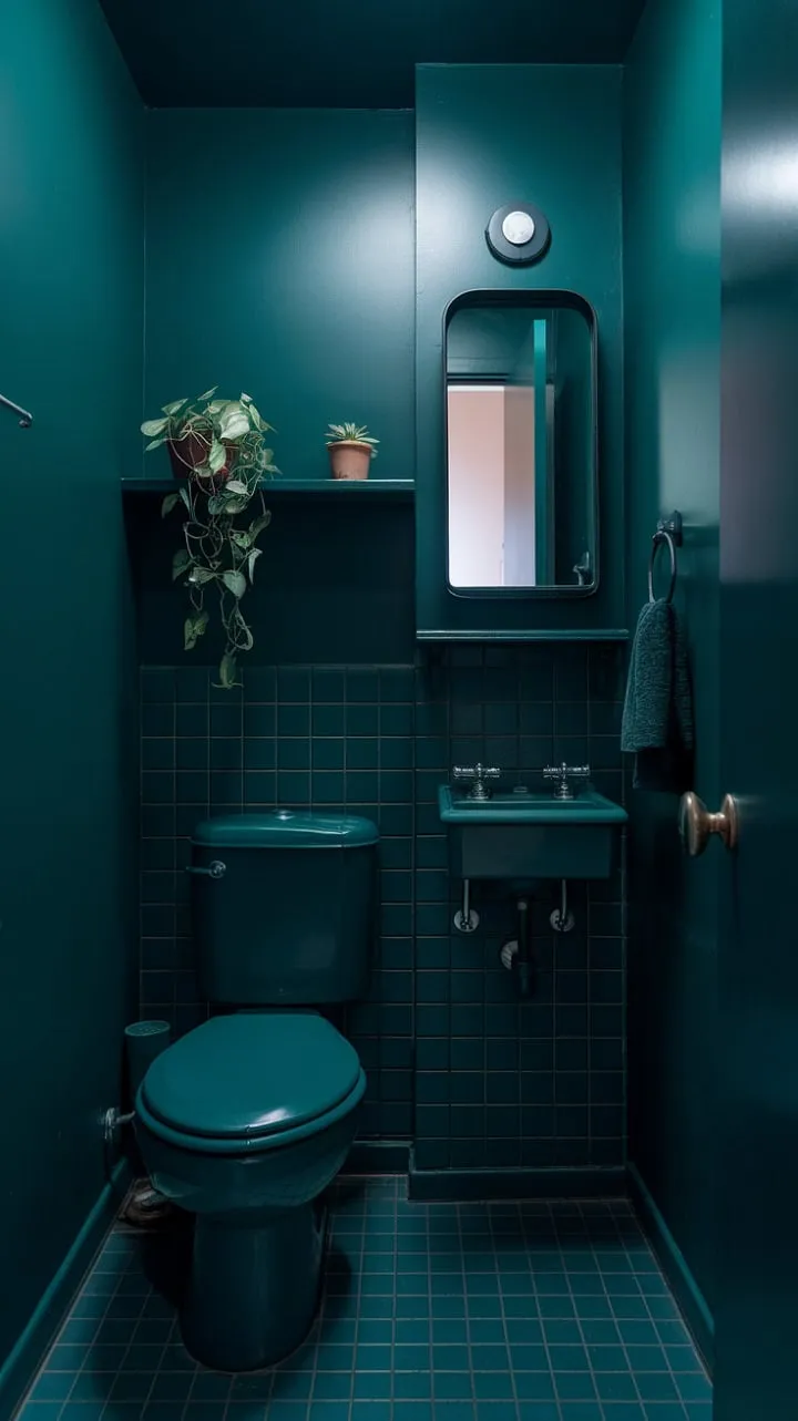 This tranquil bathroom, with its dark green walls and soft lighting, offers a serene escape enhanced by a potted plant and a glimpse of the outside world.
