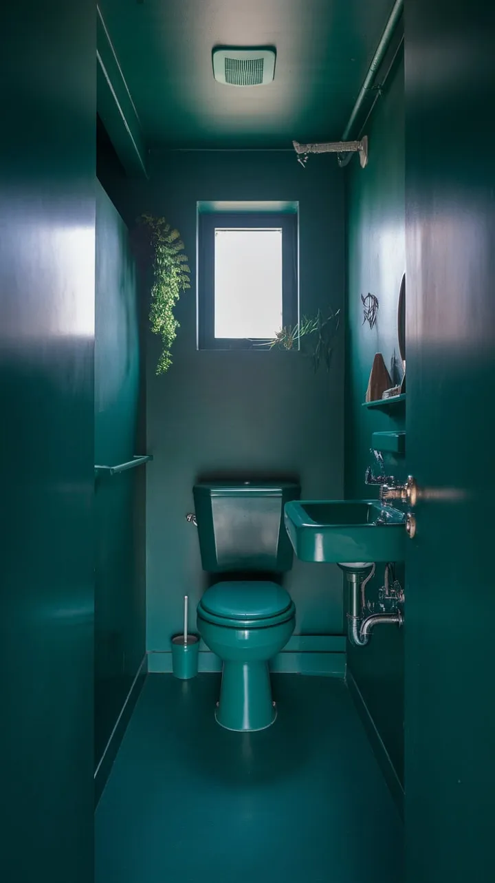 This compact bathroom, wrapped in deep green hues and kissed by soft sunlight, offers a luxurious retreat for relaxation and rejuvenation.