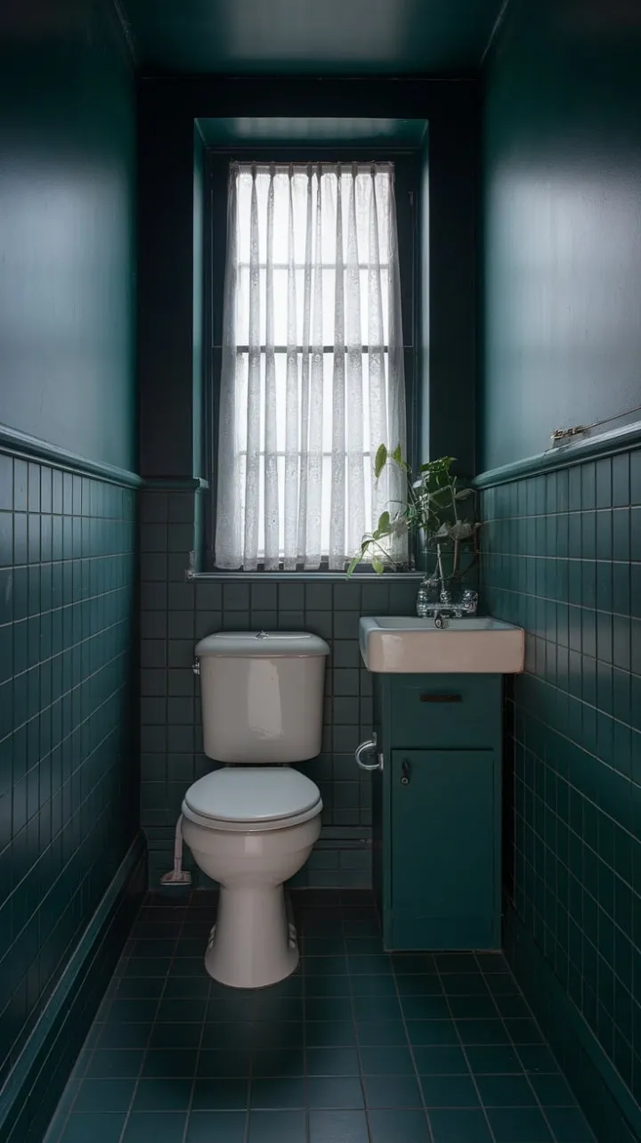 In this compact bathroom, dark green walls and a matching vanity evoke drama and serenity, harmonized by crisp white fixtures and warm accents for a stylish retreat.