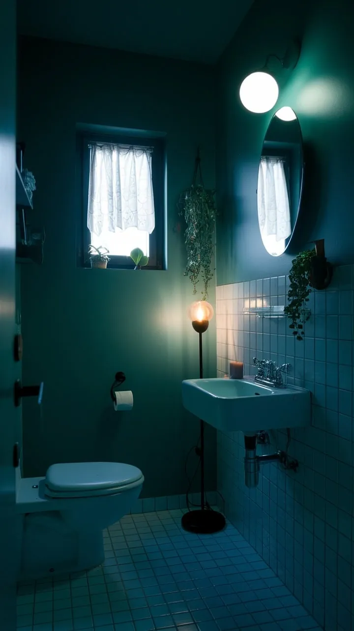 In a serene sanctuary of deep greens, a gentle lamp casts a warm glow on tiled floors, inviting tranquil moments of reflection amidst delicate fabrics and thoughtful decor.