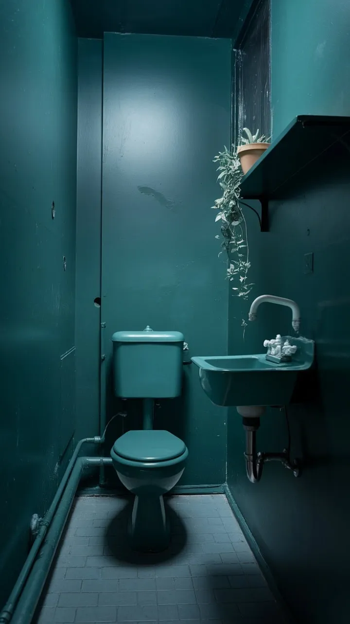 In this moody, dark green bathroom, aged pipes and imperfect walls tell tales of a life lived, while a thriving plant breathes unexpected vitality into the intimate sanctuary.