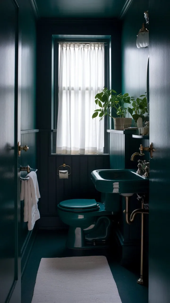 In a sanctuary of deep greens and soft light, brass fixtures and a thriving plant harmonize with white towels and rugs, crafting a serene oasis of dark elegance.