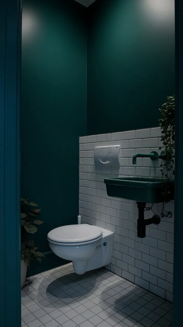With dark green walls and soft lighting, this minimalist bathroom blends nature and serenity, creating a tranquil sanctuary enhanced by a vibrant plant.