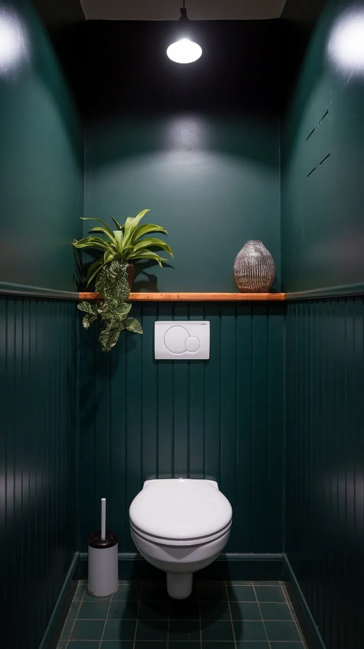 This cleverly designed small bathroom, with its captivating dark green hues and a thriving plant on a wooden shelf, proves that thoughtful decor can create a spacious and sophisticated retreat.