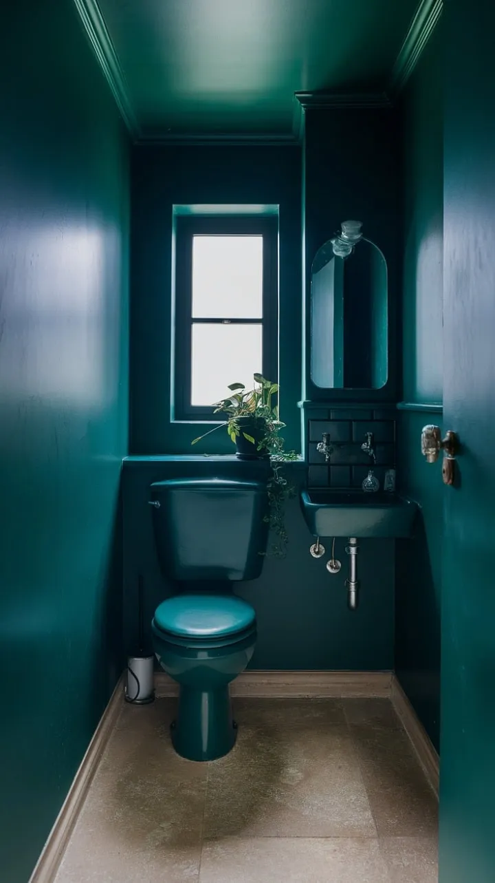 Bathed in soft light, this moody dark green bathroom exudes serene intimacy, with a thriving plant framing a small window that invites the outside world into its tranquil embrace.