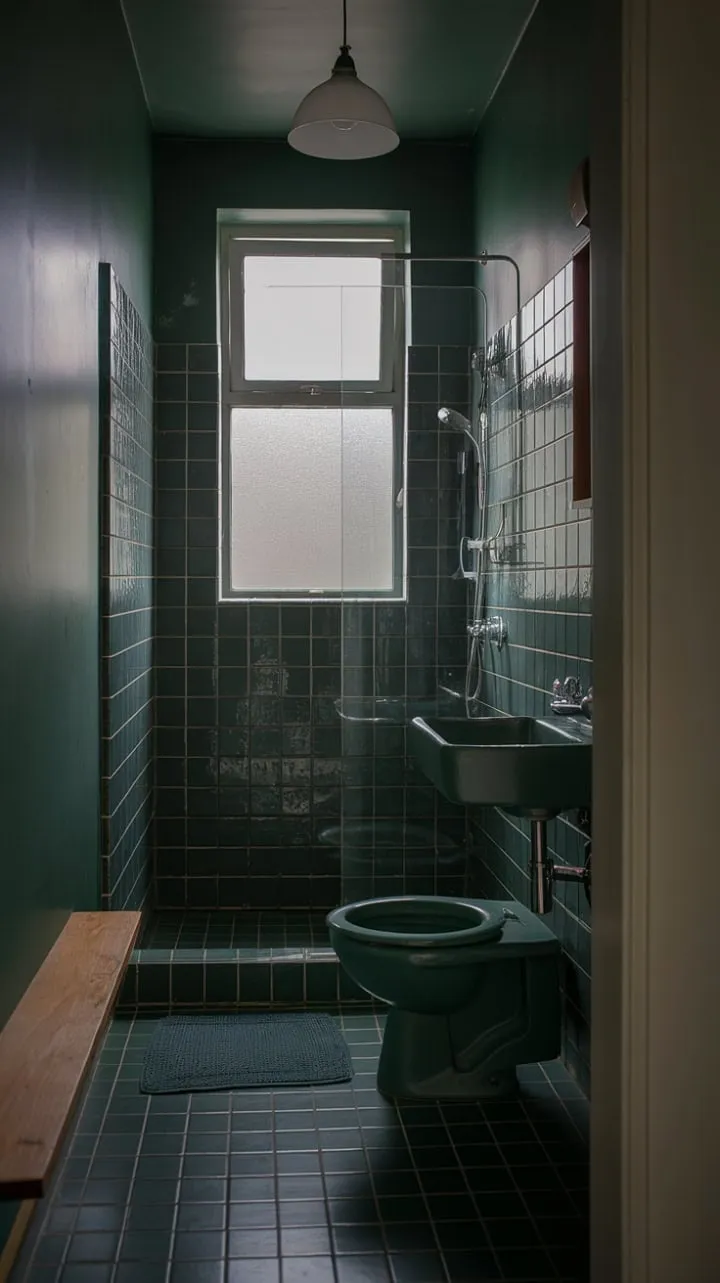 Nestled in lush emerald hues, this tiny bathroom transforms into a tranquil oasis, where soft lighting and dark tiles harmonize with warm wood accents to create a serene retreat.