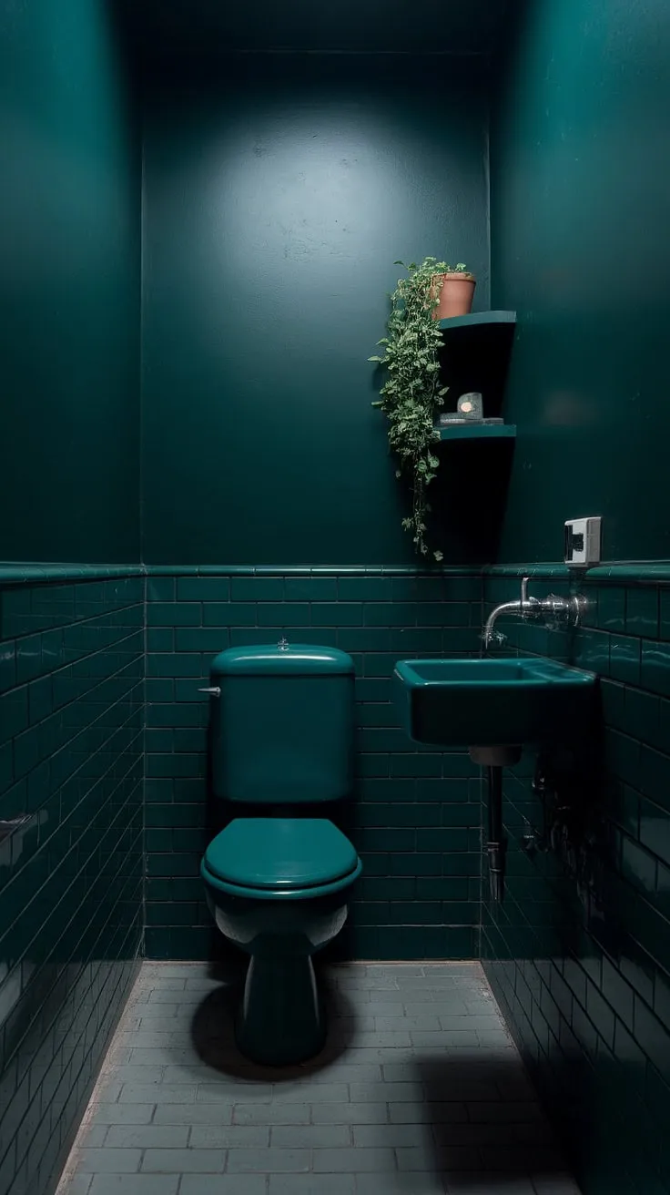 This moody small bathroom features dark green walls, grey tiled floors, and soft lighting, creating an inviting atmosphere for a small toilet room.