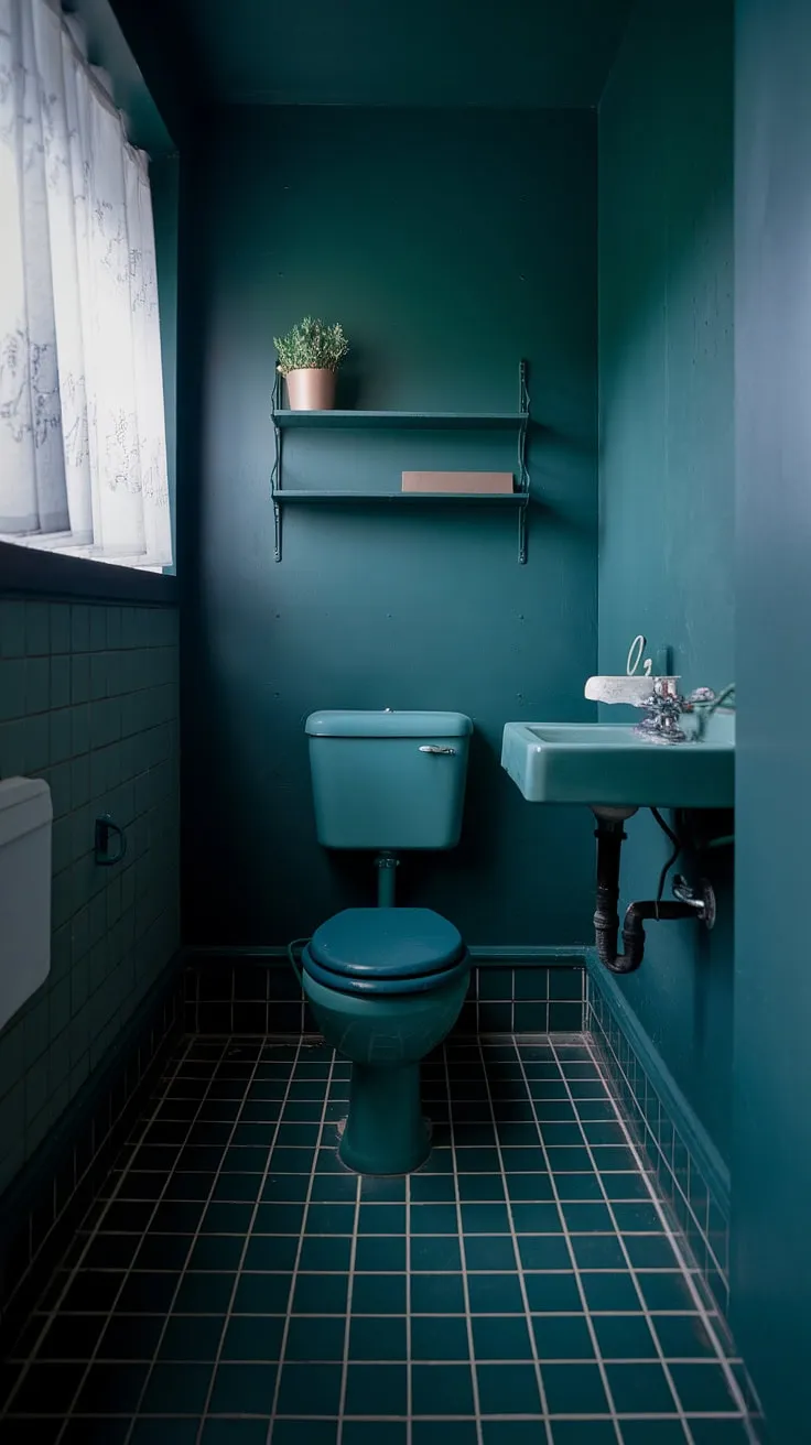 This moody small bathroom features a dark green hue, a small toilet room, and soft lighting that enhances its cozy decor.