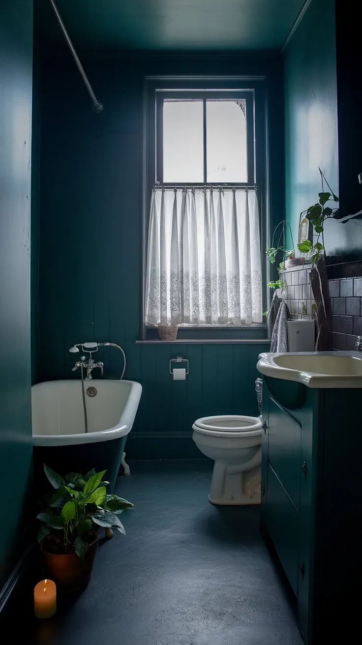 The dark bathroom showcases a charming blend of dark green hues and vintage elements, making the small toilet room a cozy retreat with its soft lighting and decorative touches.