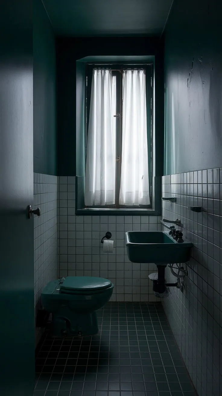 The dark green bathrooms aesthetic shines in this small bathroom, where the interplay of light and shadows enhances the moody decor of the toilet room.