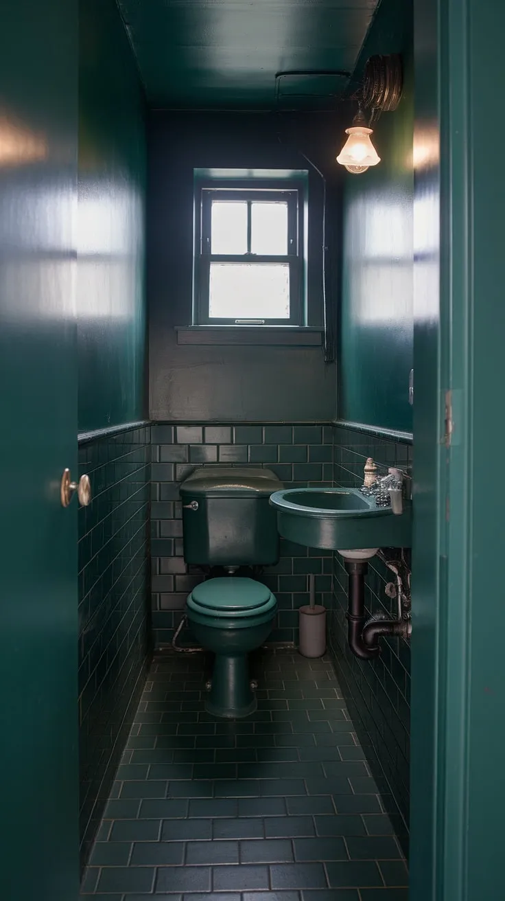 The small dark bathroom showcases a rich dark green palette, enhancing its moody decor while maintaining a vintage charm.