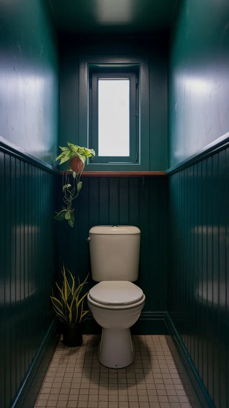 This moody small bathroom features dark green walls, a white toilet, and soft lighting, creating an inviting atmosphere in a small dark space.