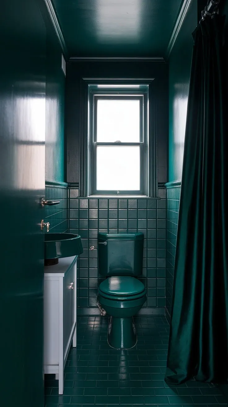 The dark green decor of this small bathroom, with its soft lighting and white accents, transforms a compact toilet room into a stylish moody retreat.