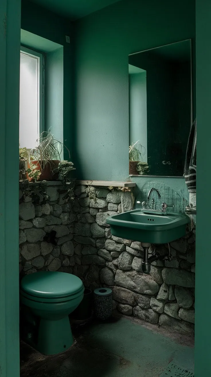 This moody small bathroom features dark green hues, stone walls, and a touch of nature with plants, creating an inviting atmosphere for a small toilet room.