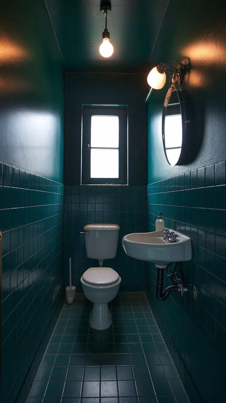 The small dark bathroom showcases dark green hues, a simple toilet room, and a single light bulb, creating a strikingly moody space.