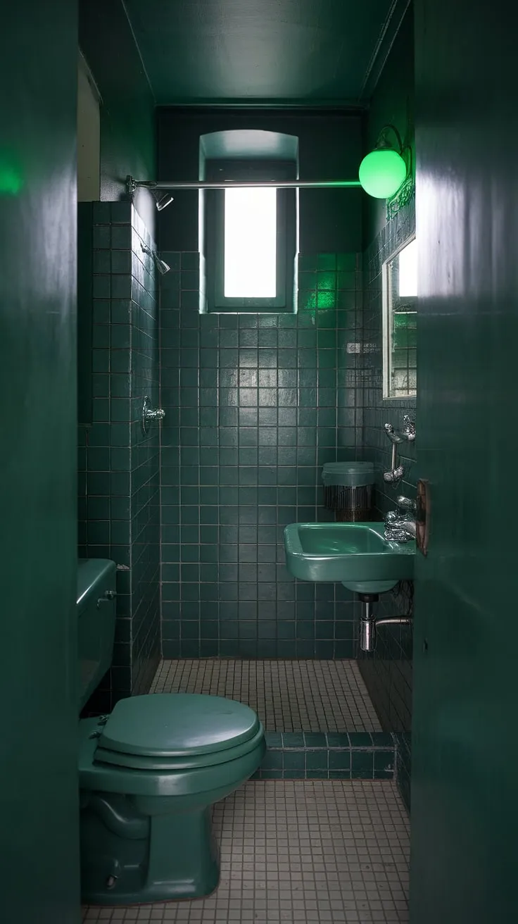 The dark green hues and vintage elements of this small bathroom transform it into a stylish moody retreat, complete with a toilet room and a touch of elegance.